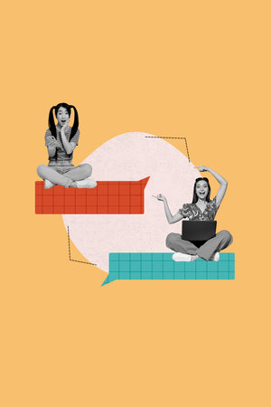 Creative image collage of two people girls sit speech bubble use netbook point orange background