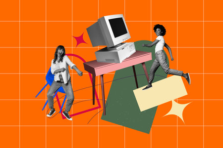 Trendy art creative full zine photo collage of two happy girls guys stand pc monitor table desktop...