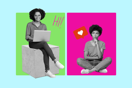 Collage of happy influencer like icon with heart symbolizing internet popularity social media trends