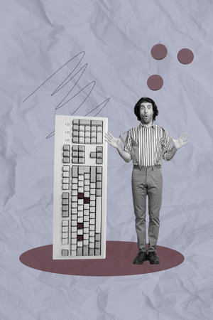 Contemporary artwork image collage of shocked businessman sit keypad wireless device freelancer tool...