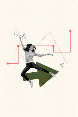 Creative banner collage of young woman flying look on way direction pastel color backgroundの写真素材