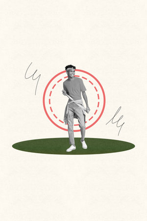 Poster banner collage of happy guy enjoying moving on pastel color background with sketchの写真素材