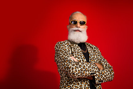 Funky grandpa gentleman posing confidently in leopard print jacket and sunglass against bold red backdropの写真素材