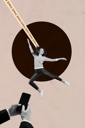 Vertical artwork pop collage of happy puzzled girl listening to fake news and propaganda,...