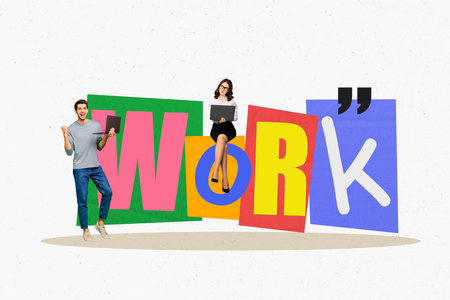 Contemporary artwork collage of two happy business partners man girl hold laptop stand colorful letters workload teamworkの写真素材