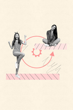 Poster photo vertical collage of happy businessman businesswoman freelancer stand gearwheel...
