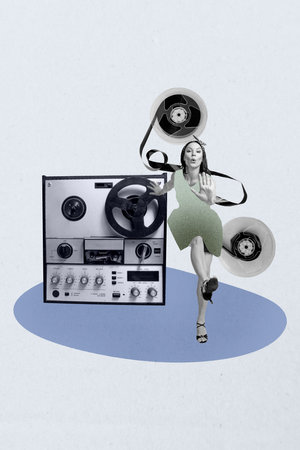 Composite 3D collage trend artwork template design of occasion night rest party entertainment cassette tape young lady funky dance kissの写真素材