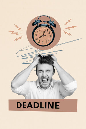 Pop image sketch 3d collage poster of angry businessman scream headache deadline clock expire limit pressure timetable conceptの写真素材