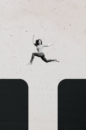 Trend artwork composite banner 3D photo collage of young lady jump two platform abyss overcome entrepreneur business human resourcesの写真素材
