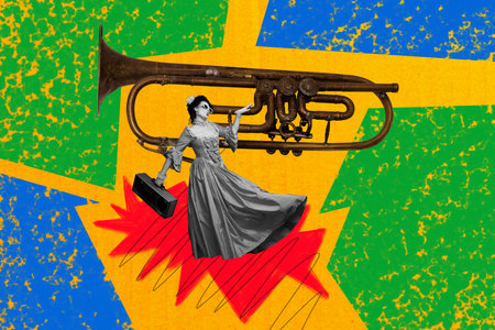 Exclusive art banner collage of happy duchess girl hold music occasion event music pipe performance composer partyの写真素材