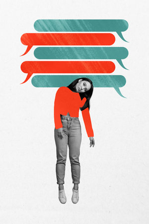 Artwork photo vertical collage of puzzled girl hang bubble cloud communication speech conversation concepts message chatの写真素材