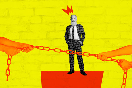 Template sketch trend artwork 3D photo collage of aged man wear suit boss success stand platform arm hold metal chain problem effortの写真素材