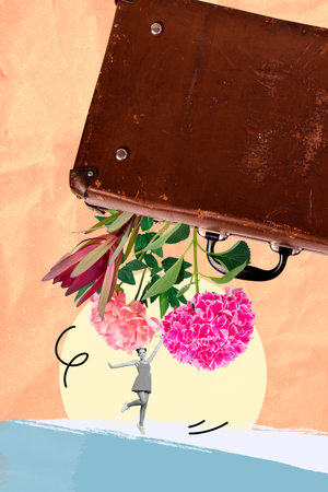 Vertical sketch 3d artwork collage poster of happy girl dance suitcase bouquet flower bloom suitcase spring season holidayの写真素材