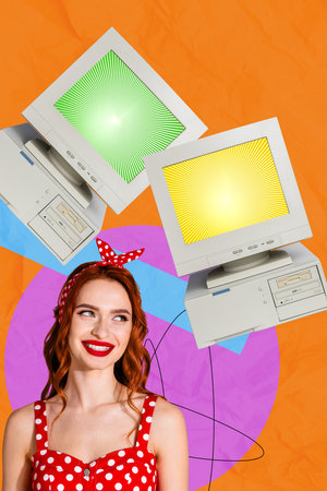 Vertical art 3d creative image collage of happy pinup girl wear dotted headband stand pc monitor...