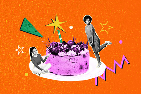 Exclusive art banner collage of two happy girls birthday party celebration big cake surprise dish pie friends meeting confettiの写真素材
