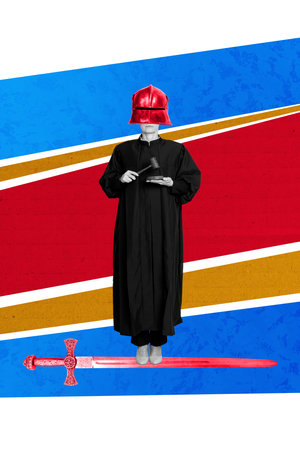 Creative artwork template sketch 3D collage of hero costume knight vintage aged woman stand wear helmet lawの写真素材