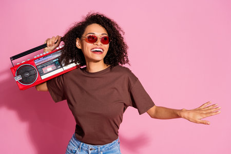 Photo of funny cheerful positive girl wear brown trendy clothes have fun look empty space isolated...