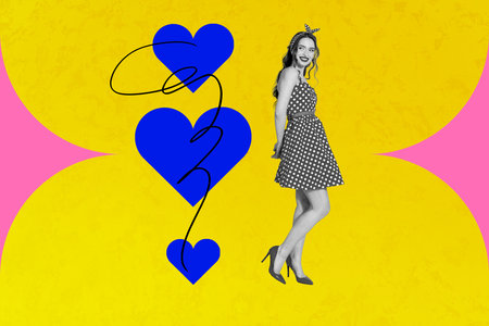 Composite photo collage of happy girl wear dotted dress stand heart shape valentine day celebration love isolated on painted backgroundの写真素材