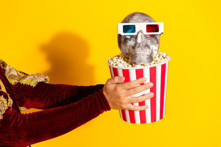 A whimsical portrayal of juxtaposition between historical nobility and modern pop culture with a skull, popcornの写真素材