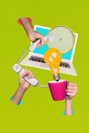 Poster image vertical photo collage of hands hold office supplies laptop telephone receiver light...