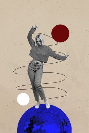 Exclusive image vertical photo collage of happy girl dance disco ball celebration event friday party occasion relax chillの写真素材