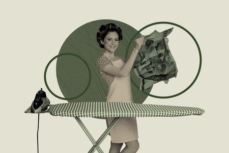 Creative full art collage of happy housemaid girl do laundry household stand ironing board hold crumpled dollar money incomeの写真素材