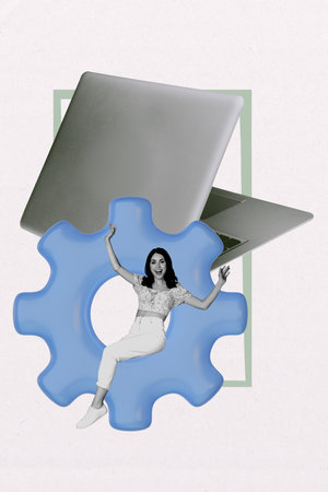 Composite artwork photo collage template sketch of cogwheel young lady sit smile office manager...