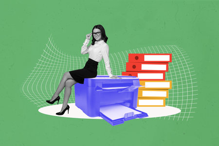 Contemporary art collage of happy businesswoman sit laser printer electronic tool fax notepad stack...