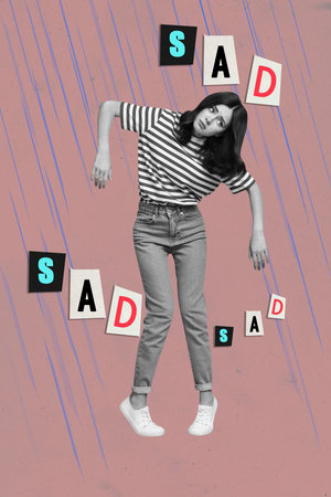 Trendy art creative vertical photo collage of upset girl melancholy mood problem psychotherapy retreat troubleの写真素材