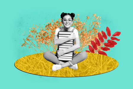 Collage of smiling student hugging tall stack of book while sitting cross-legged surrounded by floral academic creativityの写真素材