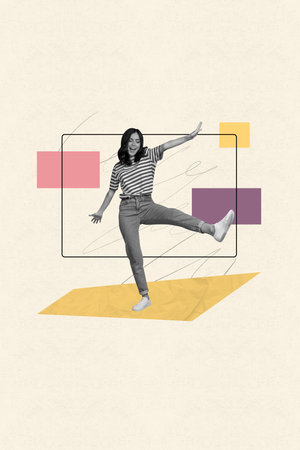 Creative artwork collage of young girl dance move over pastel color background with figureの写真素材