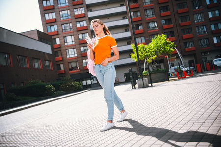 Young woman enjoying a sunny day outdoors walking in the city wearing casual clothing and holding a...
