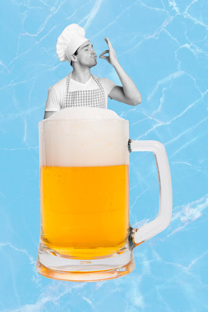 Trend artwork collage template composite sketch of abstract water print background young guy chef prepare glass beer drink alcoholの写真素材