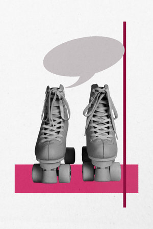 Vertical photo collage of retro roller-skates sneakers hobby sale bubble communication chatterbox speech isolated on painted backgroundの写真素材