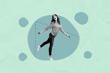 Surreal poster collage of person stand in geometric circle with measure dots on teal background