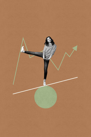 Pop zine vertical photo collage of happy businessman businesswoman stand arrow development receive career promotion progressの写真素材