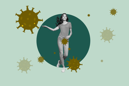 Exclusive sketch collage of happy girl stand bacterium illness treatment molecule lockdown problem influenza immunizationの写真素材