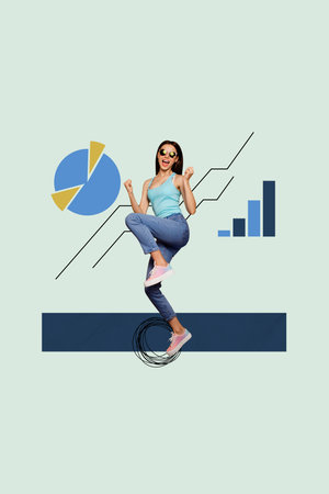 Vertical image poster art photo collage of happy businesswoman receive diagram statistics...