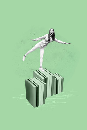 Collage of smiling young student standing confidently beside stack of book symbolizing study knowledge educationの写真素材