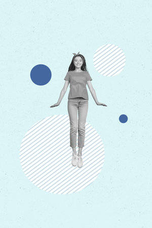 Poster trend collage of person levitate on blue color background with circle shapeの写真素材