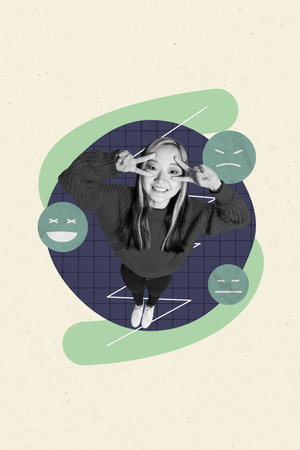 3d sketch image vertical collage of happy girl guy stand emoji icon social media smileyの写真素材