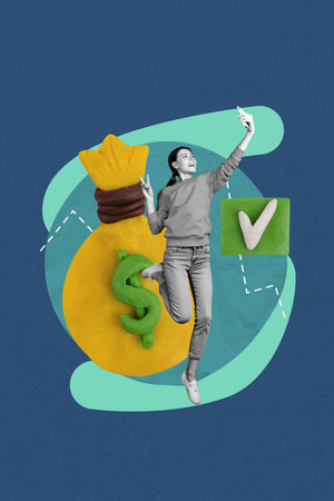 Art image vertical photo collage of happy businesswoman businessman receive dollar bag checkmark transaction capital successの写真素材