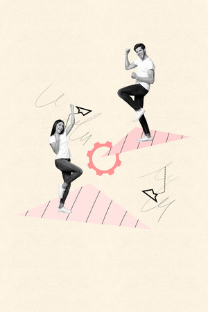 Vertical image art collage of happy businessman businesswoman stand arrow development gearwheel optimization motivation successの写真素材