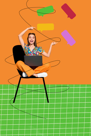 Poster banner collage of gir sit chair use netbook pointing sms chatの写真素材