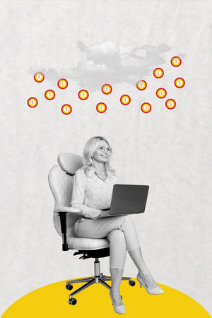 Sketch design trend artwork poster photo collage of office manager aged woman business sit armchair hold laptop income economy bank tradeの写真素材