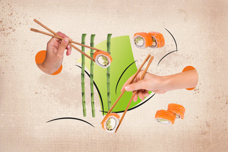 Trend artwork sketch design montage collage of japanese culture ornamental bamboo asian plant tree hand hold chopsticks maki roll dinnerの写真素材