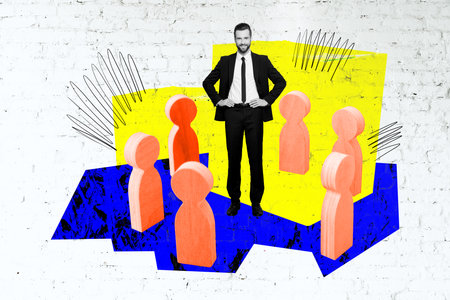 Composite trend artwork 3D sketch image collage of beginning business launch start up copyspace young guy work boss leader stand crowdの写真素材