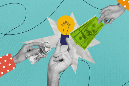 Composite artwork photo collage template sketch of human hands hold idea lamp creative banknote...