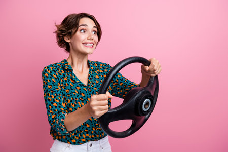 Portrait of ecstatic good mood woman wear print blouse hold steering wheel staring at offer empty...