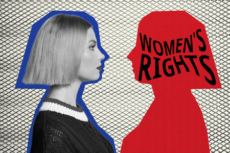 Contemporary art collage of serious girl stand profile shadow woman rights demonstration chain trap pressure rebellion strikeの写真素材